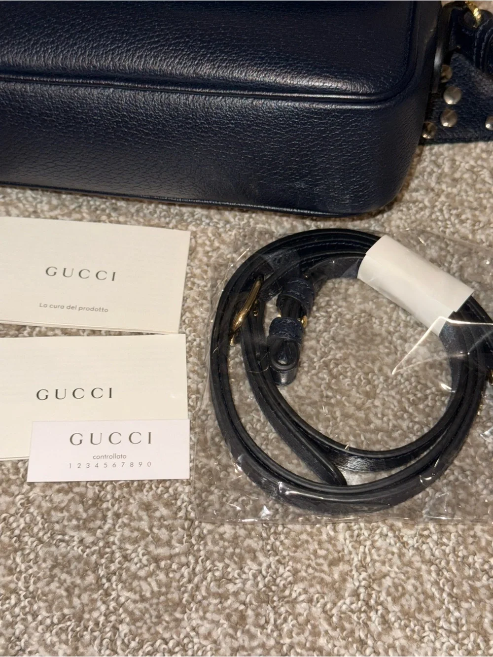 Gucci Navy Leather Crossbody with Red Stripe and Green Strap